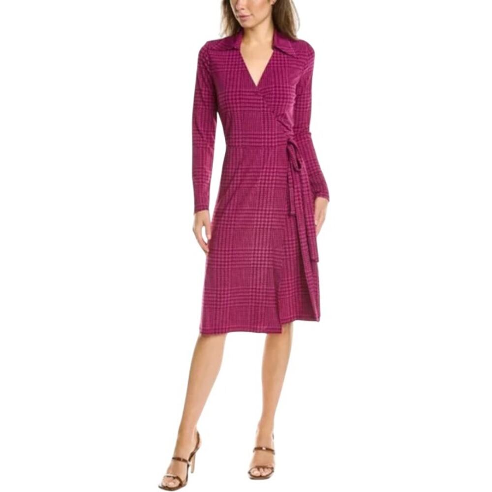 Pink Plaid Wrap Dress with Long Sleeves